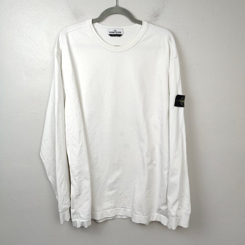 Stone Island Heavyweight T-Shirt Mens 3XL White Cotton Long Sleeve Logo Patch